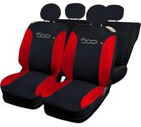 Rebeca Shop® Housses de sièges de voiture compatibles avec Cinquecento 500, fabriquées en Italie, tissu polycoton, ensemble avant et arrière (Noir/Rouge, Arrière intégral avec logo)