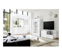 REBECCA - Ensemble Salon Meuble TV 121 cm Blanc Laqué Weiss Relief Damiers -
