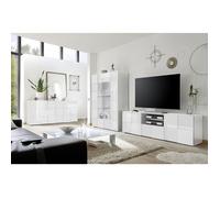 REBECCA - Ensemble Salon Meuble TV 181 cm Blanc Laqué Weiss Relief Damiers