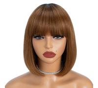 Rebecca Fashion Perruque de cheveux humains courts marron ombré avec frange pour femme noire, 25,4 cm, Yaki clair, raides, courts, à porter et à emporter, sans colle, pour un usage quotidien