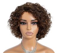 Rebecca Fashion Perruques de cheveux humains courts bouclés pour femme noire avec raie latérale - Perruque brésilienne Remy sans dentelle - Sans colle - Aspect naturel - Couleur marron ombré