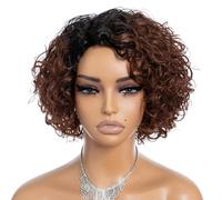 Rebecca Fashion Perruques de cheveux humains courts et bouclés pour femme noire - Mignon bouclé - Raie latérale - Sans dentelle - Sans colle - Aspect naturel ombré - Couleur naturelle à marron