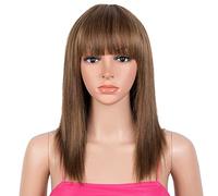 Rebecca Fashion Perruques de cheveux humains raides marron ombré de 35,6 cm avec frange pour femme noire, sans dentelle frontale, cheveux brésiliens vierges 10A, sans colle, fabriquée à la machine