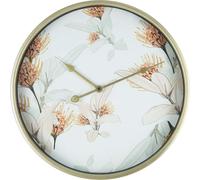 Rebecca Mobili Horloge murale imprimée de fleurs en verre et métal, blanc et or, 40 cm