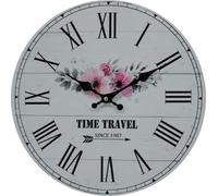 Rebecca Mobili Horloge murale, ronde, bois avec motif floral, noir, blanc et rose, ø 33,8 cm