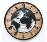 Rebecca Mobili Horloge murale, sculpture de carte du monde, bois et métal, noir et marron