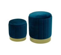 Rebecca Mobili Lot De 2 Poufs Tabouret, Pouf De Rangement Rond, Bleu, Velours MDF Eponge, avec Base en Fer - Dimensions HxLxP : 44 x 35 x 35 cm - Art. RE6835
