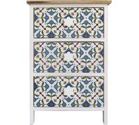 Rebecca Mobili Table de nuit, impression majolique avec 3 tiroirs en bois, marron, bleu et blanc