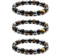 REBECCAGIBSON 3 bracelets porte-bonheur en pierres naturelles : œil-de-tigre, hématite et obsidienne noire, perles de 8 mm, élastiques, 16-18 cm | Bracelet unisexe pour la méditation et le bien-être