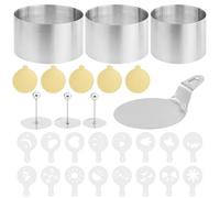 REBECCAGIBSON Lot de 6 anneaux à dessert en acier inoxydable de qualité supérieure (7 cm) avec couvercle et base, forme en mousse sans couture, 16 pochoirs - Cercle à gâteau professionnel pour