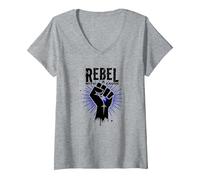 Rebelle avec Une Cause : Protestation puissante du Poing T-Shirt avec Col en V, Femme, Gris Chiné, S