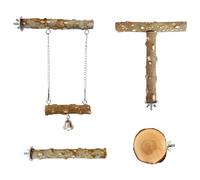 Rebellious Lot de 4 perchoirs pour perroquet en bois naturel avec plateforme à bascule et jouet à mâcher pour les exercices d'escalade et l'enrichissement de la cage. Perchoir pour oiseaux en bois