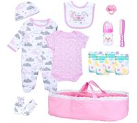 Reborn Vêtements pour fille avec couffin pour poupées de 43,2 à 55,9 cm | Lot de 13 accessoires de poupée avec tenue rose, berceau, tétine, biberon, peigne pour nouveau-né fille