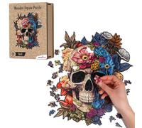 Recent Toys Puzzle en bois - Crâne fantaisie - Pour adultes et enfants - Puzzle 232 pièces - Grande taille - 29 x 34 cm - Avec pièces de forme unique - Avec boîte cadeau en bois et support