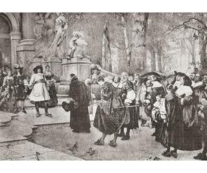 Réception des réfugiés calvinistes protestants français (huguenots) par le grand électeur au château de Potsdam 1685. Protestants français fuyant leur pays après l'abolition de l'édit de Nantes vu ici