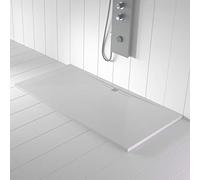 Receveur de douche blanc en marbre résine, évacuation latérale, surface effet pierre ardoise, série Nia, slim 3 cm, revêtement Gelcoat, antidérapant