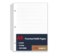 Recharge de papier ligné A5, 3 trous, papier de remplissage A5, 100 feuilles/200 pages de feuilles mobiles pour recharges Filofax Planificateur, organiseur, classeurs, papier 100 g/m², 14 x 20 cm