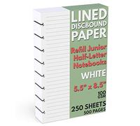 Recharge de papier ligné au format demi-lettre à disque, 250 feuilles (500 pages), 14 cm x 21,6 cm, 100 g/m², format Junior 8 disques