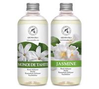 Recharge Diffuseurs de Parfum Set 2x500 ml - Arôme Monoï de Tahiti & Jasmin - Desodorisant Maison - Fragrance Fraîche et Durable - pour Aromathérapie - Maison - Restaurant - Boutique