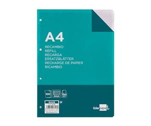 Recharge Liderpapel A4 100 feuilles 100 g/m², tableau 4 mm avec marge 4 trous