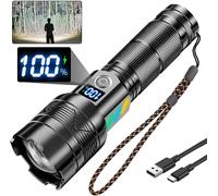 Rechargeable LED Flashlight LCD Display Extremely Bright 5 Lighting Modes Adjustable Focus Waterproof Fluorescent Flashlight for Camping Emergency Hiking Jogging