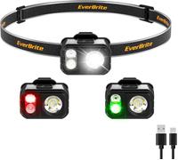 Rechargeable Led Headlamp, 400 Lm Ultra-Light With Red & Green Light, Ip67 Waterproof, 7 Lighting Modes For Running, Fishing, Hiking, Camping, Grey