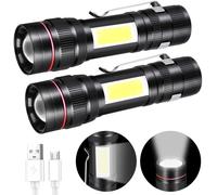 Rechargeable Led Torch,800lm 3 Modes & Zoomable Flashlight,Portable Cob Tactical Lamp For Kid Gift/Camping/Hiking/Emergency/Workshop/Couran Cut (2 Pcs)