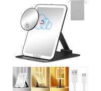 Rechargeable Travel Makeup Mirror With Lights And 10x Magnification, Foldable Stand And Angle Sensor, 3 Light Colors & Stepless Dimming, Led Illuminated Mirror