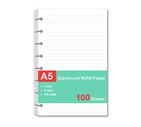 Recharges de papier format junior A5 pour système de prise de notes personnalisé TUL, blanc, 100 feuilles/200 pages, ligné pour université, 14 x 21 cm