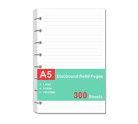 Recharges de papier format junior A5 pour système de prise de notes personnalisé TUL, blanc, total 300 feuilles/600 pages, ligné universitaire, 14 x 21 cm