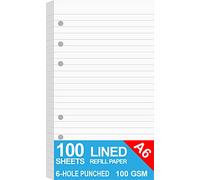 Recharges de papier ligné A6 pour agenda personnel Filofax, pages lignées blanches 100 g/m², perforées à 6 trous, 100 feuilles/200 pages, 9,5 x 17,1 cm
