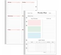 Recharges de planificateur hebdomadaire pour classeurs A5 - 53 feuilles/106 pages pour planificateur hebdomadaire coloré non daté, perforées à 6 trous, papier blanc 100 g/m², dure 1 an, non datées