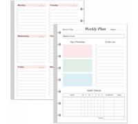 Recharges pour planificateur hebdomadaire non daté - 52 feuilles/104 pages colorées pour classeur A5, 8 disques perforés, papier blanc 100 g/m², 14,7 x 21,1 cm