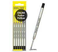 Recharges stylo à bille 6x de ONLINE, convient à Parker etc I Trait M I Standard international I Indélébile I Recharges universelles longueur 9,8 cm I Pour l'école, le bureau I Couleur Noir