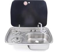 Réchaud à gaz 2 brûleurs avec évier en acier inoxydable et couvercle en verre pour cuisine extérieure, camping-car, caravane - Utilisation du gaz GPL