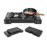 Réchaud à gaz 2 en 1 pour camping - 2 feux - Avec plaque de cuisson pour barbecue et mallette de transport - Pour les activités de plein air comme le camping ou la randonnée