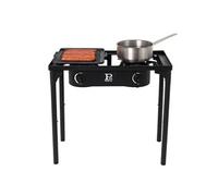Réchaud à Gaz 2 feux Barbecue grill 9kW 2en1 : 2 brûleurs fonte + 1 Plaque Grill Fonte, 3 Hauteurs Modulables Piezo