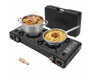 Réchaud à gaz à 2 feux avec allumage piézoélectrique, réchaud de camping avec raccord GPL, réchaud à gaz de camping pour cartouches de gaz, réchaud de camping 2 feux, réchaud à gaz de camping