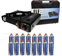 Réchaud à gaz avec étui comprenant 16 cartouches de gaz, idéal pour le camping ou la fondue, protection contre la surchauffe, étui à gaz, réchaud à gaz, réchaud de camping avec gril