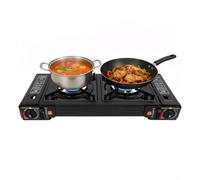 Réchaud à gaz de camping à 2 feux, 2500 W, avec plaque de cuisson de 45 x 24 cm, kit de barbecue à gaz de camping 2 en 1 pour extérieur, balcon, intérieur