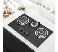 Réchaud à gaz encastrable en verre avec 3 brûleurs - Pour plaques de cuisson LPG/NG - Avec support de casserole, cadre émaillé et tête de four en aluminium - Noir