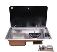 Réchaud à gaz et évier en acier inoxydable pour camping-car, table de cuisson à brûleur unique avec couvercle en verre trempé, robinet pliable, unité de cuisine compacte pour camping-car et bateau