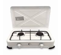 Réchaud à gaz portable 2 feux | Contrôle de flamme | Réchaud de camping compact avec couvercle | Idéal pour le camping, l'extérieur, les voyages | 4 patins en caoutchouc antidérapants | Couleur blanc