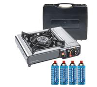 Réchaud à gaz portable 2200W INOX + 4 cartouches de gaz + Malette de transport Cuisson Extérieure Camping Van Trek KEMPER