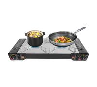 Réchaud à gaz portable à 2 feux avec 1 barbecue, barbecue de table et barbecue de camping pour pique-nique, extérieur, fête de jardin - Avec plaque de cuisson et sac, allumage piézoélectrique, butane