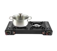 Réchaud à gaz portable à 2 feux avec 1 gril, barbecue de table et barbecue de camping pour pique-nique, extérieur, fête dans le jardin, avec plaque de cuisson et sac, allumage piézoélectrique, butane
