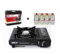 RECHAUD A GAZ PORTABLE AVEC MALETTE TRANSPORT ALLUMAGE PIEZO CAMPING FEUX + 4 cartouches gaz