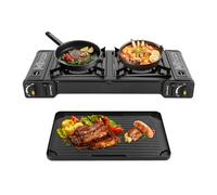 Réchaud à gaz portable avec plaque de grill, réchaud à gaz 2 brûleurs, butane camping avec plaque grill, allumage piézoélectrique, réchaud au butane pour camping, trekking, pique-nique, camping-car