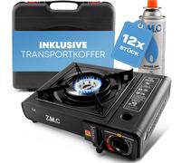 Réchaud Camping 1 Feu ZMC Poêle Extérieure Butane/Gaz + 12x Cartouches 227g Noir