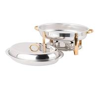 Réchaud de Buffet Ovale en Acier Inoxydable de 6 pintes avec Accents dorés, avec bac à Nourriture, bac à Eau, Cadre, Couvercle et réservoir à Combustible.